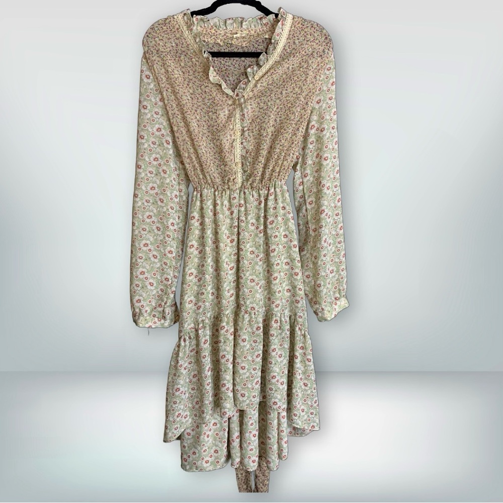POL Delicate Floral Mixed Print Cottagecore Long Sleeve Sheer Dress, size L